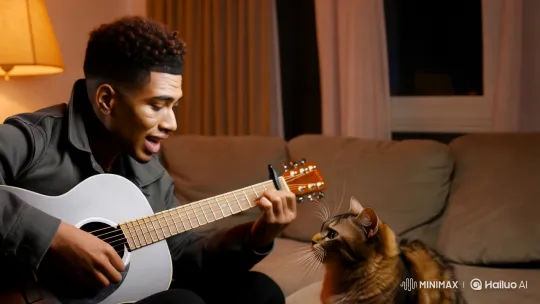 Cat Sings Rihanna's 'Diamonds' with Man in Cozy Living Room – AI Generated Video | Hailuo AI