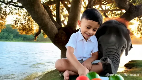 Boy and Elephant Enjoy Fruit by Serene Lake – AI Generated Video | Hailuo AI