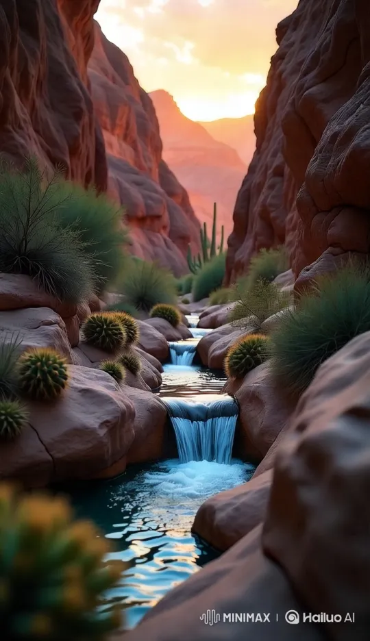 Desert Canyon Sunset: Tranquil River Flow and Majestic Rocks – AI Generated Video | Hailuo AI
