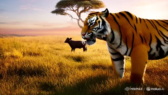 Tiger Preys on Calf Amidst Dramatic Sunset Chase – AI Generated Video | Hailuo AI