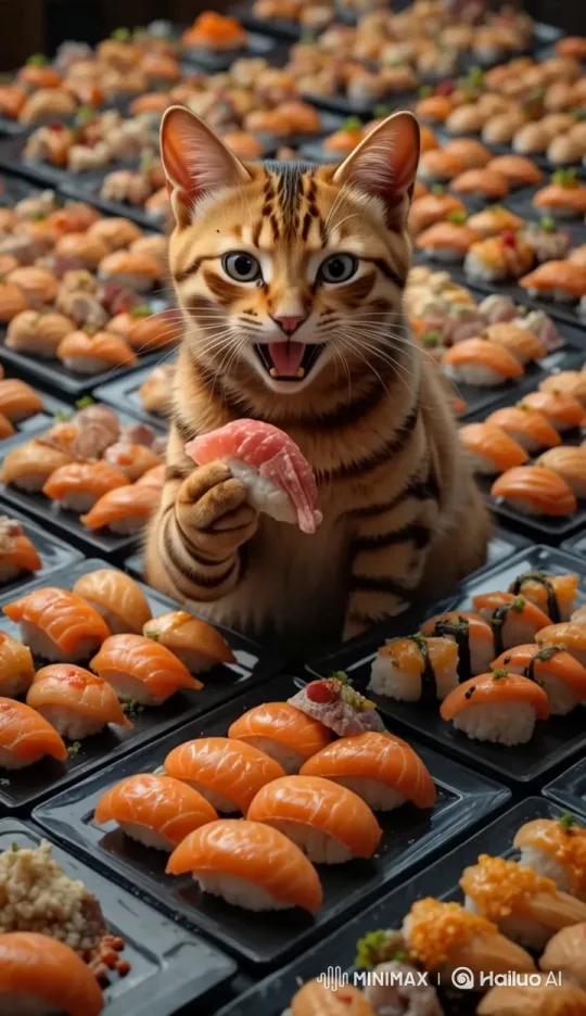Cat Enjoying Sushi in Live2D Animation – AI Generated Video | Hailuo AI