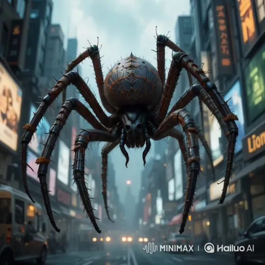 Giant Spider Monster Ravages Neon-Lit Cityscape – AI Generated Video | Hailuo AI