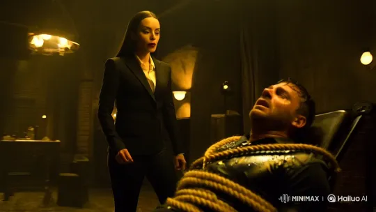 Woman in Suit Torments Bound Man with Calculated Cruelty – AI Generated Video | Hailuo AI