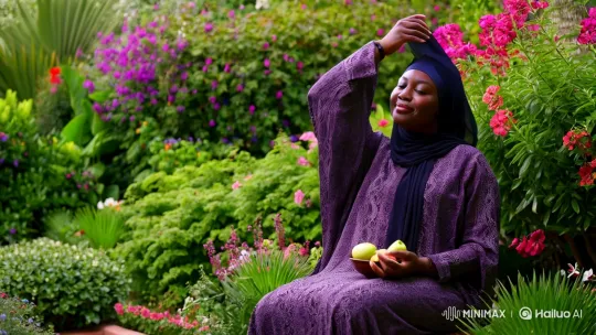 African Lady in Serene Garden with Elegant Abaya – AI Generated Video | Hailuo AI