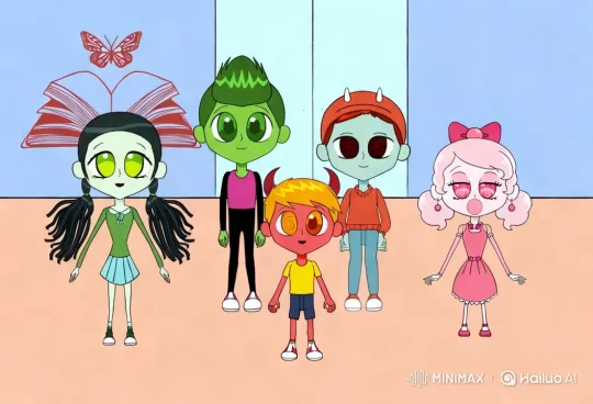 Animated Characters in a Whimsical Room with a Book and Butterfly – AI Generated Video | Hailuo AI