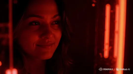 Mysterious Woman in Red Neon Ambiance – AI Generated Video | Hailuo AI