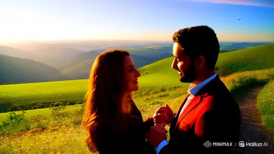 Romantic Stroll Through Lush Hills at Dusk – AI Generated Video | Hailuo AI