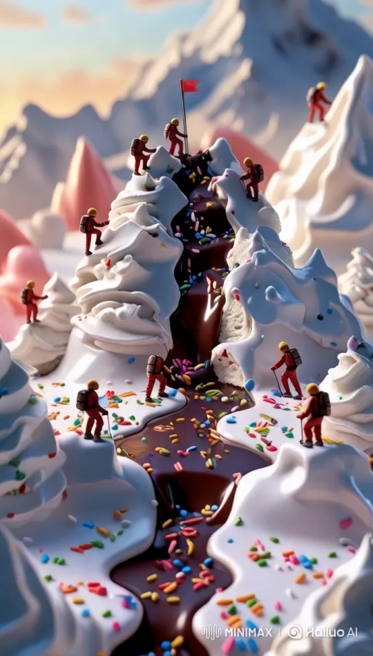 Miniature Mountaineers Conquer Whipped Cream Peaks in Chocolate River Valley – AI Generated Video | Hailuo AI