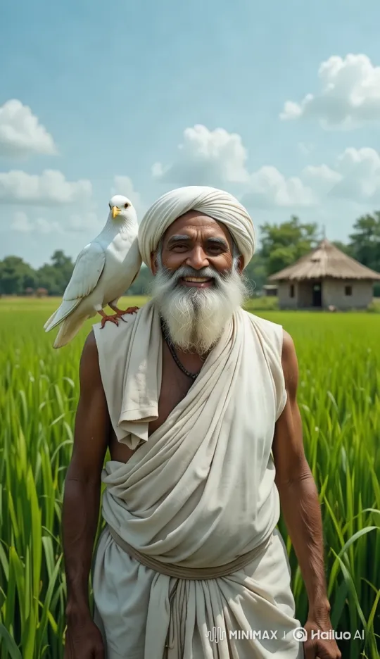 Elderly Farmer Amidst Serene Indian Paddy Fields – AI Generated Video | Hailuo AI