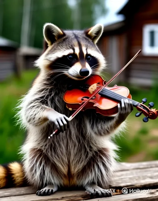 Raccoon Plays Violin in Rustic Whimsical Scene – AI Generated Video | Hailuo AI