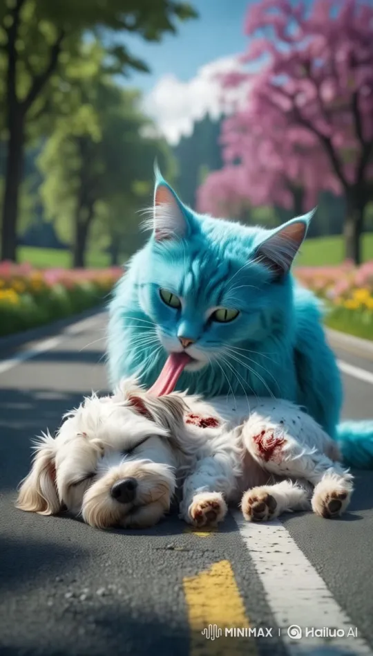 Blue Cat Tenderly Licks Injured White Dog – AI Generated Video | Hailuo AI