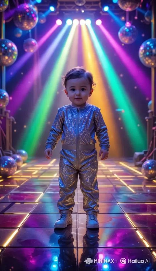 Baby Emulates Disco Era in Colorful Dance Scene – AI Generated Video | Hailuo AI