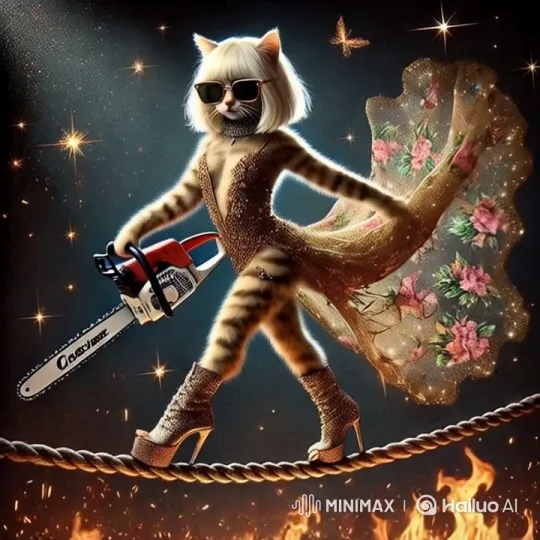 Cat-like Figure on Tightrope with Chainsaw Amidst Flames – AI Generated Video | Hailuo AI