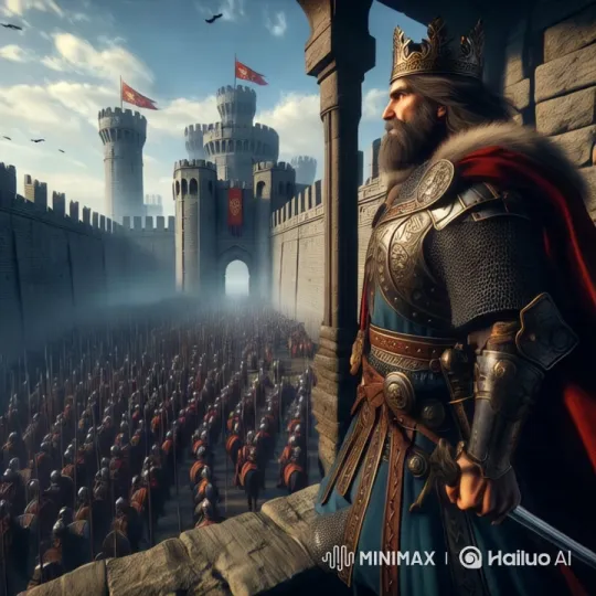 King Addresses His Loyal Army in Majestic Fortress – AI Generated Video | Hailuo AI