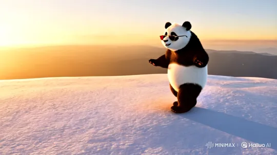 Stylish Panda Dances on Snowy Mountain at Sunrise – AI Generated Video | Hailuo AI