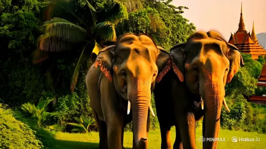 Thai Elephants Embrace Tranquility Amidst Ancient Landscapes – AI Generated Video | Hailuo AI