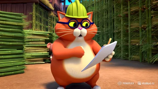 Whimsical Cat Inspects Bamboo for Animal Homes – AI Generated Video | Hailuo AI