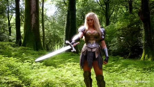 Female Knight Showcases Grace and Power in Verdant Forest Setting – AI Generated Video | Hailuo AI