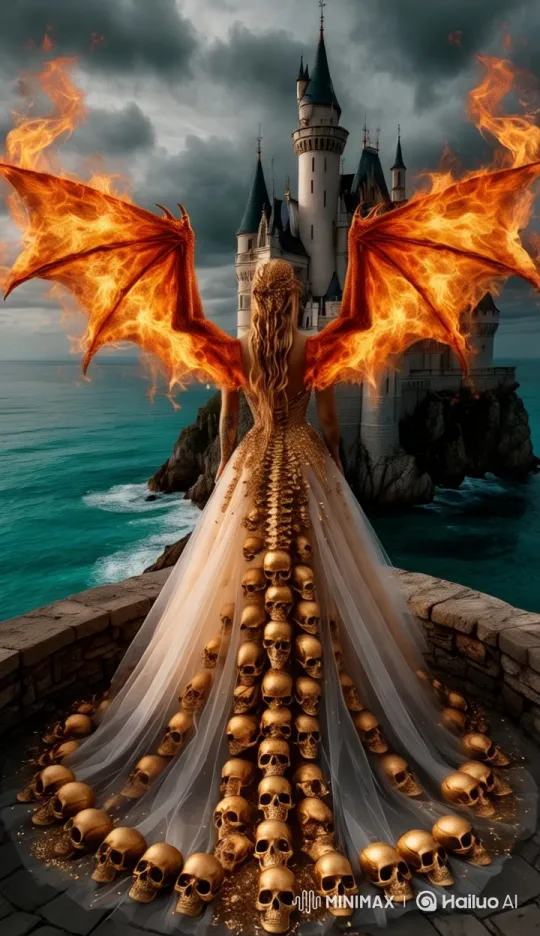 Enigmatic Woman Ascends Over Ocean-Castle View – AI Generated Video | Hailuo AI