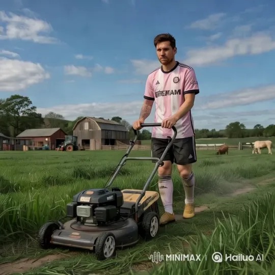 Messi Mows Lawn in Miami Jersey on Pastoral Farm – AI Generated Video | Hailuo AI