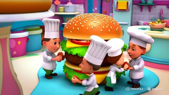 Mini Chefs Craft Giant Burger in Whimsical Kitchen – AI Generated Video | Hailuo AI