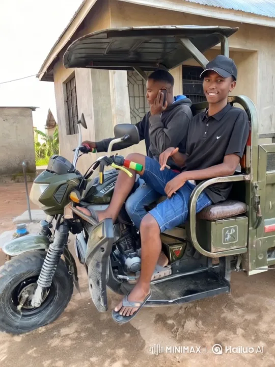 Two Men on Motorcycle in Rustic Setting – AI Generated Video | Hailuo AI