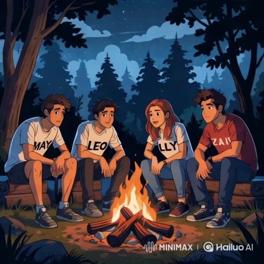 Four Friends Enjoy Campfire in Tranquil Forest – AI Generated Video | Hailuo AI