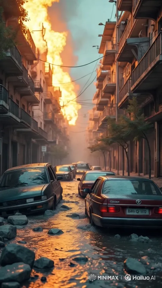Dramatic Fire Engulfs Building Amidst Flooded Streets – AI Generated Video | Hailuo AI