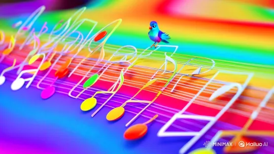 Musical Dreamscape: Animated Notes and Rainbow Bird – AI Generated Video | Hailuo AI