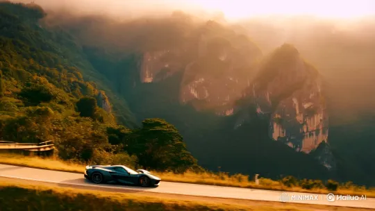 Sports Car Serenely Navigates Mountainous Landscape – AI Generated Video | Hailuo AI