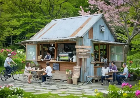 Rustic Café in a Lush Garden Setting – AI Generated Video | Hailuo AI