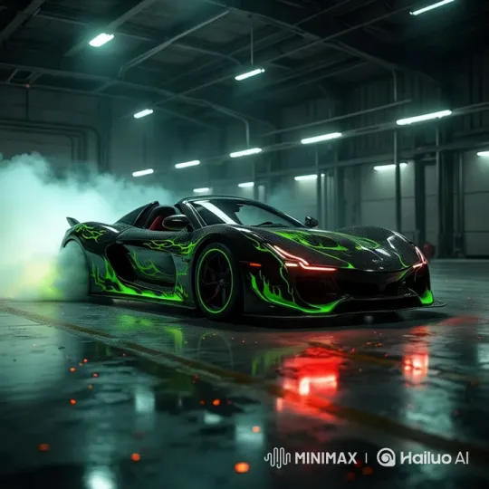 Aesthetic Showcase: Sports Car Burnout in Industrial Garage – AI Generated Video | Hailuo AI