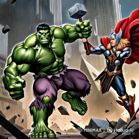 Hulk vs. Thor: Epic Battle in a Ruined Cityscape – AI Generated Video | Hailuo AI