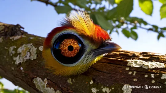 Vibrant Bird on Weathered Branch: A Serene 4K Close-Up – AI Generated Video | Hailuo AI