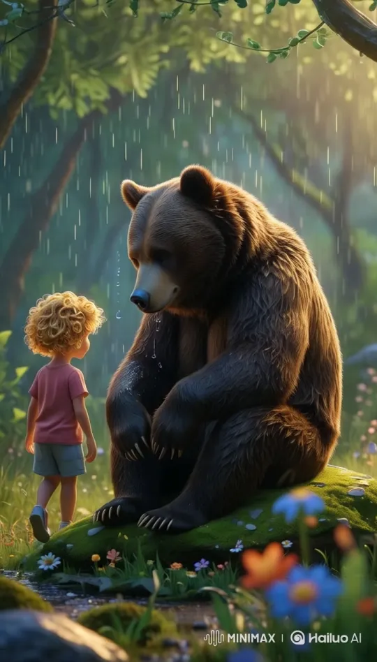 Boy Connects with Sad Bear in Enchanted Forest – AI Generated Video | Hailuo AI