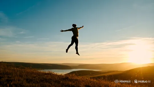 Graceful Figure Ascends in Serene Sunset Landscape – AI Generated Video | Hailuo AI