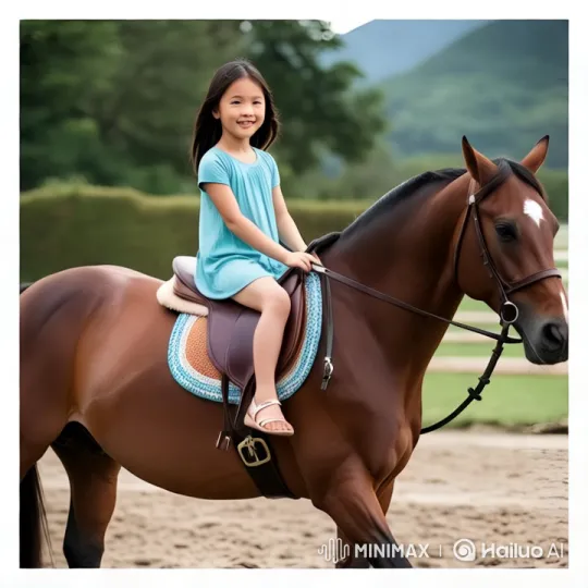Girl in Blue Dress Rides Gracefully on Horse – AI Generated Video | Hailuo AI
