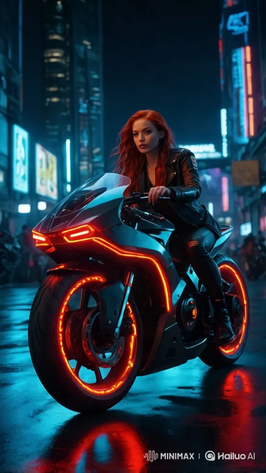 Red-Haired Woman on Futuristic Motorcycle in Neon City – AI Generated Video | Hailuo AI