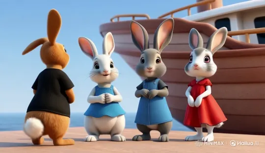 Four Animated Rabbits Discuss on a Dock – AI Generated Video | Hailuo AI