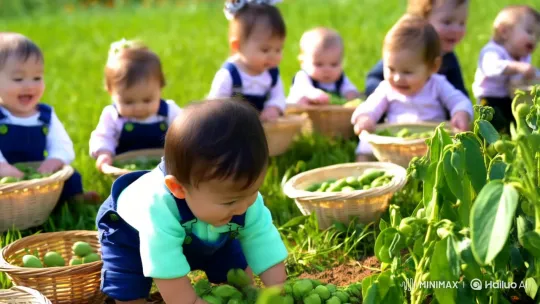 Spring Morning: Toddlers Discover Peas in Golden Fields – AI Generated Video | Hailuo AI