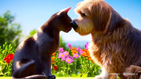 Cat and Dog Friendship in a Sunlit Garden – AI Generated Video | Hailuo AI