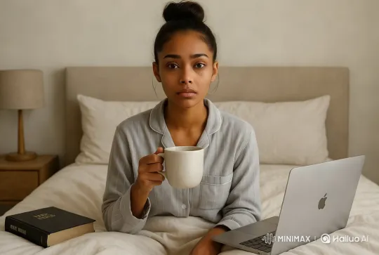 Woman Enjoying Coffee and Bible in Serene Bedroom – AI Generated Video | Hailuo AI
