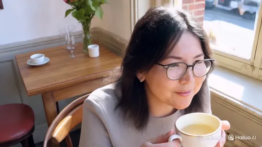 Elegant Woman Enjoying Tea in Sunlit Vintage Café – AI Generated Video | Hailuo AI