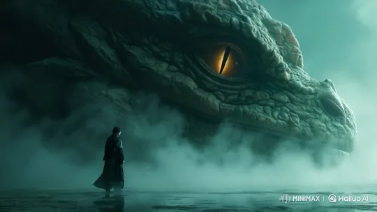 Ancient Dragon Confronts Lone Figure in Misty Ambiance – AI Generated Video | Hailuo AI