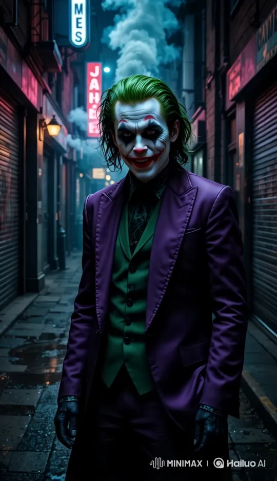 Joker Portrait: Sinister Smile in Neon Alley – AI Generated Video | Hailuo AI