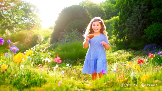 Girl's Joyful Play Turns to Curiosity with Nature – AI Generated Video | Hailuo AI