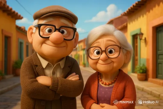 Elderly Couple Observes Whimsical Fight in Animated Village – AI Generated Video | Hailuo AI