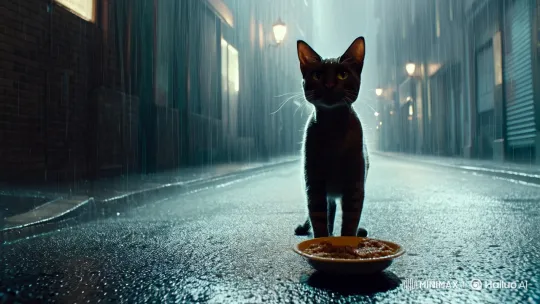 Hungry Cat Dines in Atmospheric Alley Rain – AI Generated Video | Hailuo AI