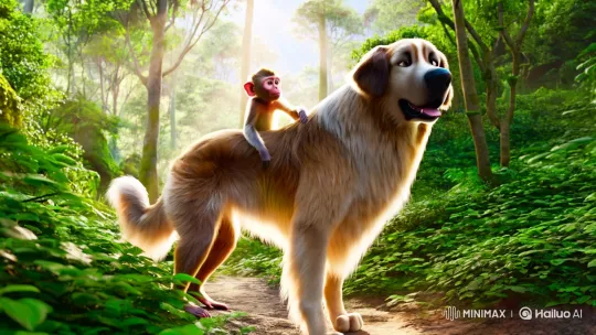 Baby Monkey Clings to Dog in Enchanting Forest Walk – AI Generated Video | Hailuo AI