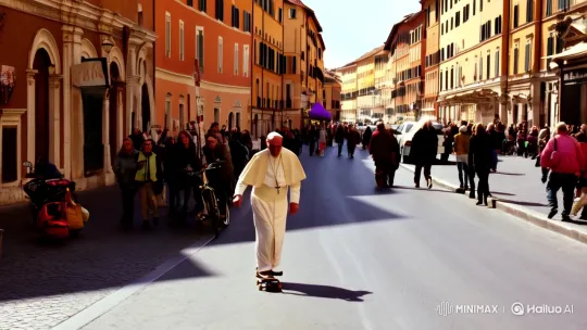 Pope Skates Through Bustling Streets in Aesthetic Film Scene – AI Generated Video | Hailuo AI